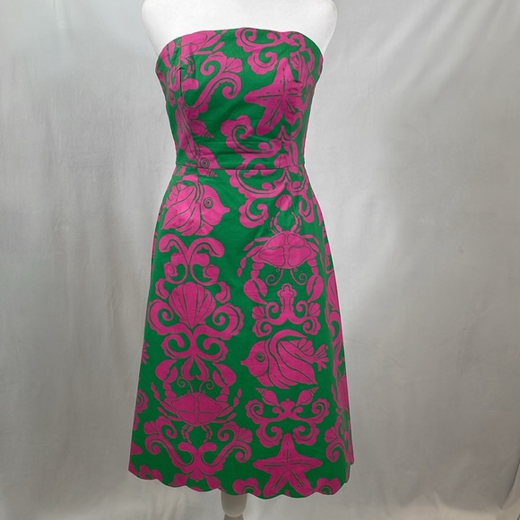 Lilly Pulitzer Strapless Sienna Dress Size 2 Vintage Pink Green Sea Life EUC - Picture 13 of 16